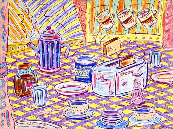 <font color="#ffffff">"Breakfast"  wax crayon  30"x40"  1993  Collection of the St. Luke's Hospital, New York City, Public Collection : Wax Crayon : Hiro Takeshita