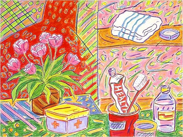 <font color="#ffffff">"Medicine  Box"  wax crayon  16"x22"  1991  Cover of Home Economica Magazine, Japan : Wax Crayon : Hiro Takeshita
