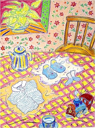 <font color="#ffffff">"Baby Shoes"  wax crayon  30"x40"  1993  Collection of the St. Luke's Hospital, New York City : Wax Crayon : HIRO TAKESHITA - ARTIST