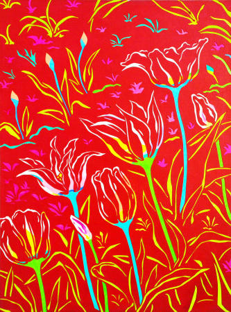 Title: Spring Tulips in Red /
Medium: Paper cut /
Size: 21 1/2" x 16" inches /
Year: 2019 /
Price: USD $500 : Cut Paper : HIRO TAKESHITA - ARTIST